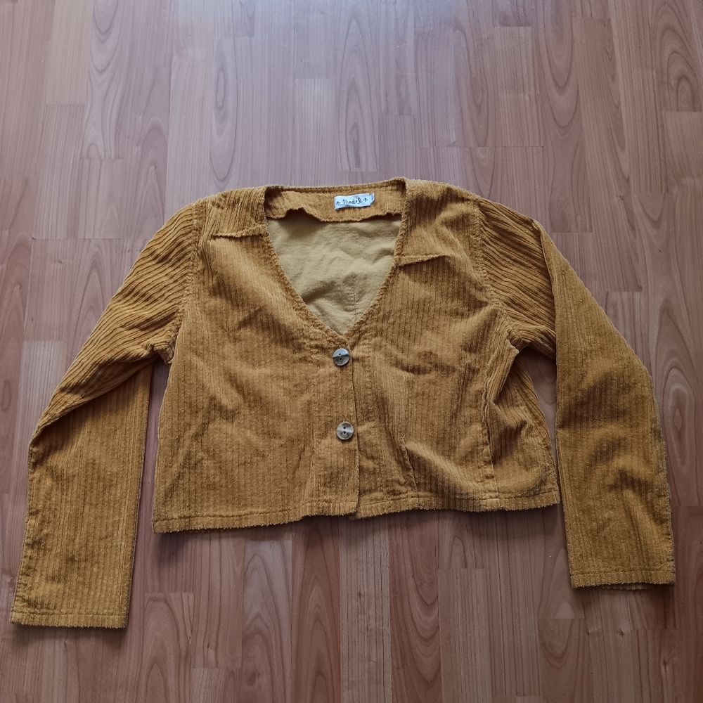 Bodil Cropped Oversized Corduroy Jacket Mustard Size L V Neck Two Buttons